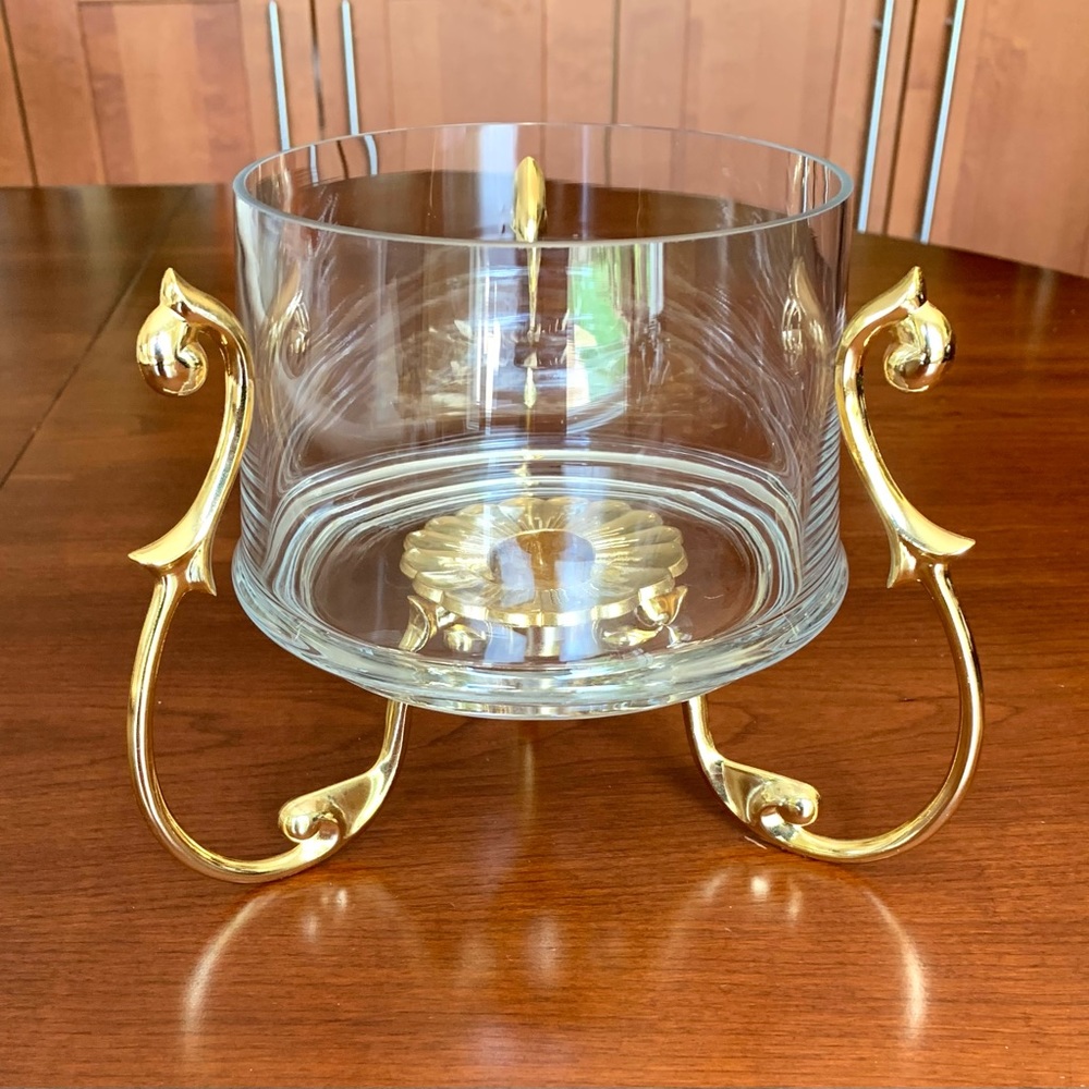 Clear glass hot buffet serving dish & gold tone metal warmer rack
